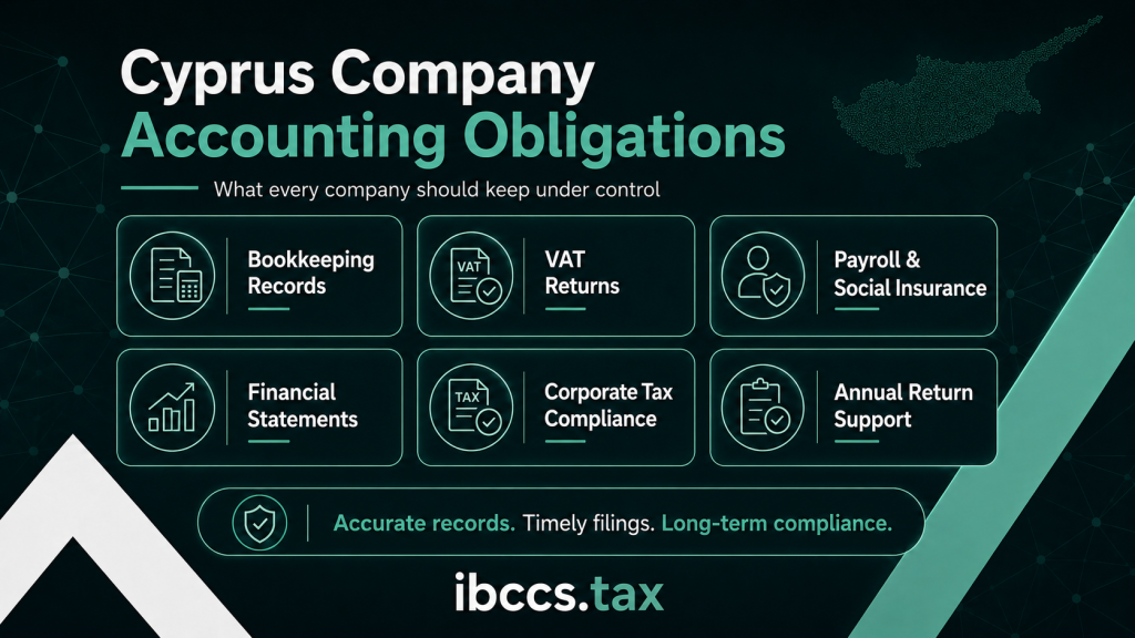 Cyprus company accounting obligations including bookkeeping VAT payroll tax compliance and annual return support