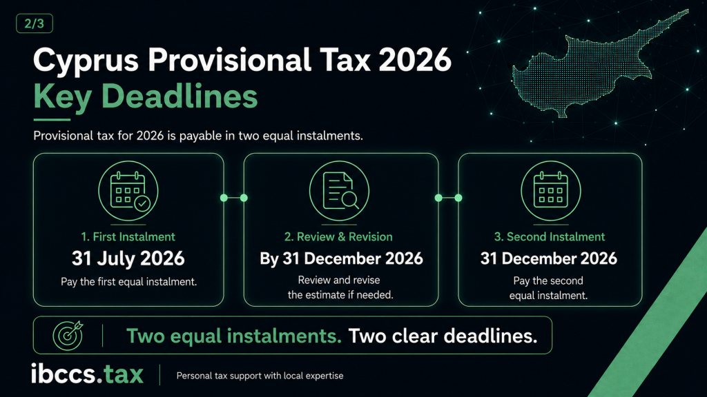 Cyprus provisional tax 2026 key deadlines showing the first instalment due on 31 July and the second instalment due on 31 December 2026