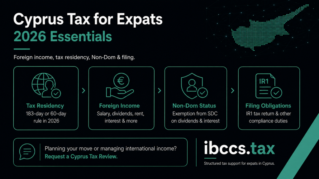 Cyprus tax essentials for expats covering tax residency, foreign income, Non-Dom status and IR1 filing