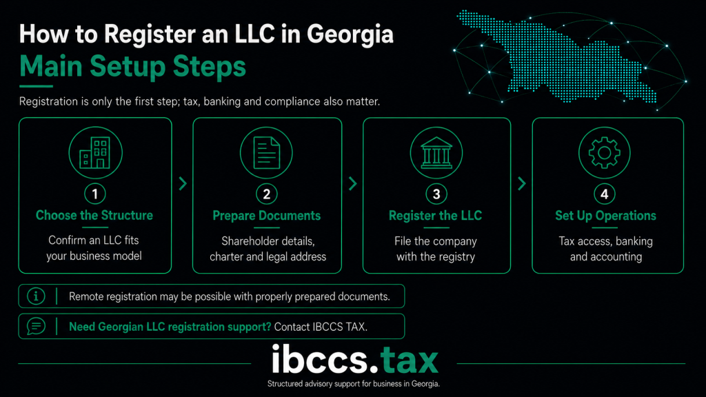 Infographic showing the main steps to register an LLC in Georgia country, including choosing the structure, preparing documents, filing the company and setting up tax, banking and accounting.
