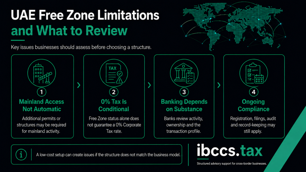 UAE Free Zone company limitations covering mainland access, Corporate Tax, banking and ongoing compliance