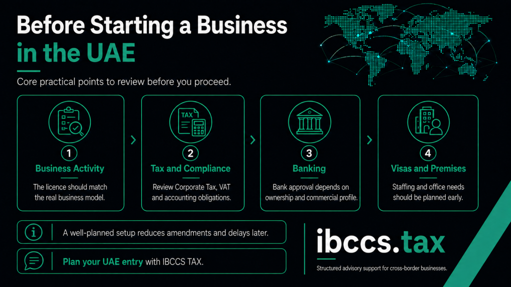 actors to consider before starting a business in the UAE, including licensed activity, tax compliance, banking, visas and premises